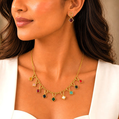 Spectrum Interlace: Multicolored Gold Toned Necklace and Earring Set