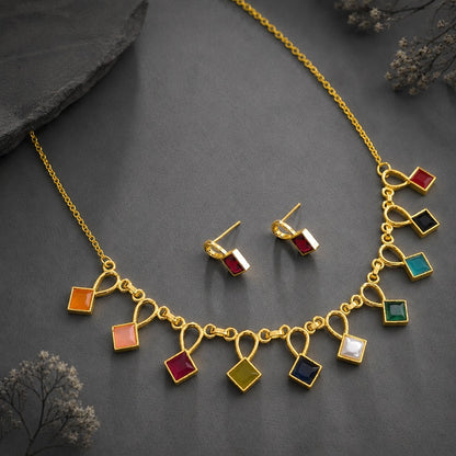 Spectrum Interlace: Multicolored Gold Toned Necklace and Earring Set