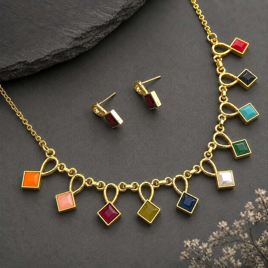 Spectrum Interlace: Multicolored Gold Toned Necklace and Earring Set