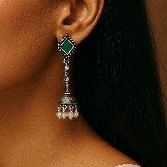 Jhumka Delight: Emerald Green Stone Silver Toned Jhumka