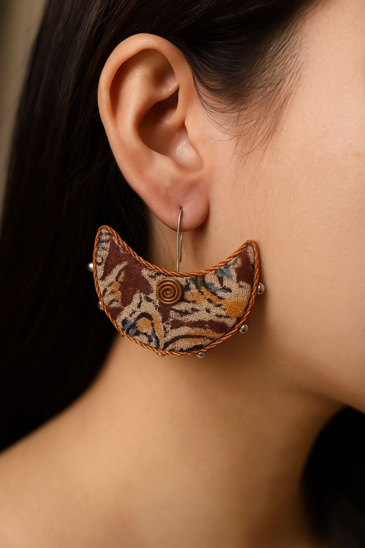Inked Moon: Kalamkari Crescent Fabric Earring
