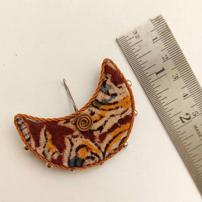 Inked Moon: Kalamkari Crescent Fabric Earring