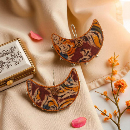 Inked Moon: Kalamkari Crescent Fabric Earring