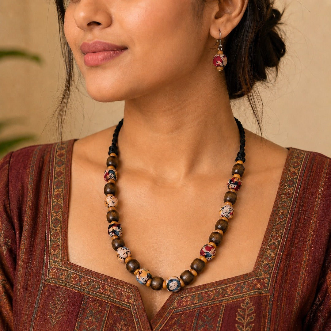 Earthy Beads: Handmade Kalamkari Beaded Necklace and Earring Set
