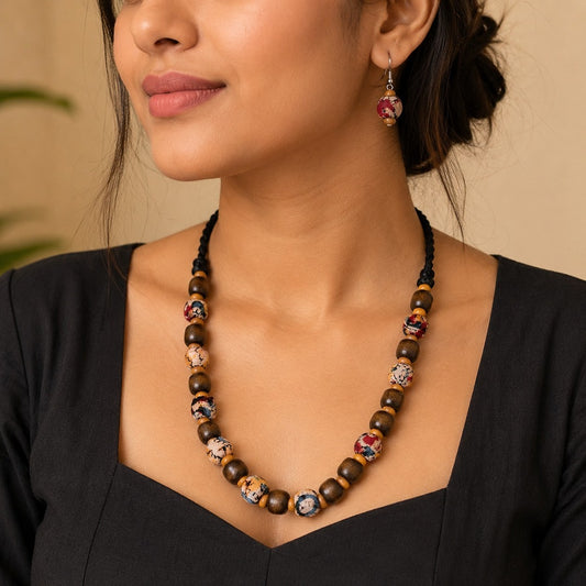 Earthy Beads: Handmade Kalamkari Beaded Necklace and Earring Set