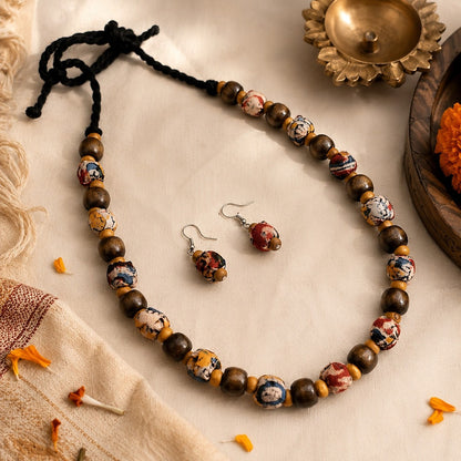 Earthy Beads: Handmade Kalamkari Beaded Necklace and Earring Set