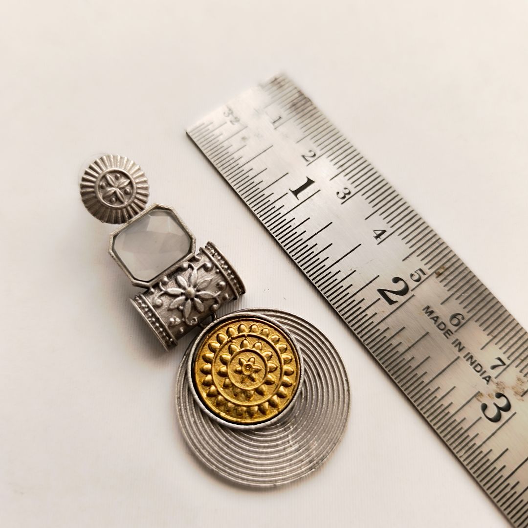 Statement Disc Dangler: Two-Tone Light Grey Stone  Stud Danglers