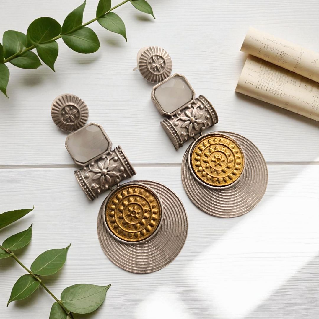 Statement Disc Dangler: Two-Tone Light Grey Stone  Stud Danglers