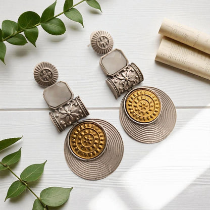 Statement Disc Dangler: Two-Tone Light Grey Stone  Stud Danglers