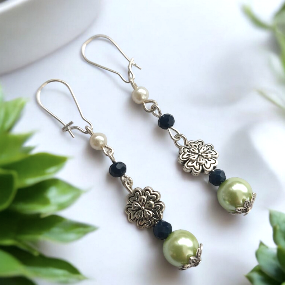 Daily Wear Earrings : Elegant Green Pearl & Floral Charm Earrings