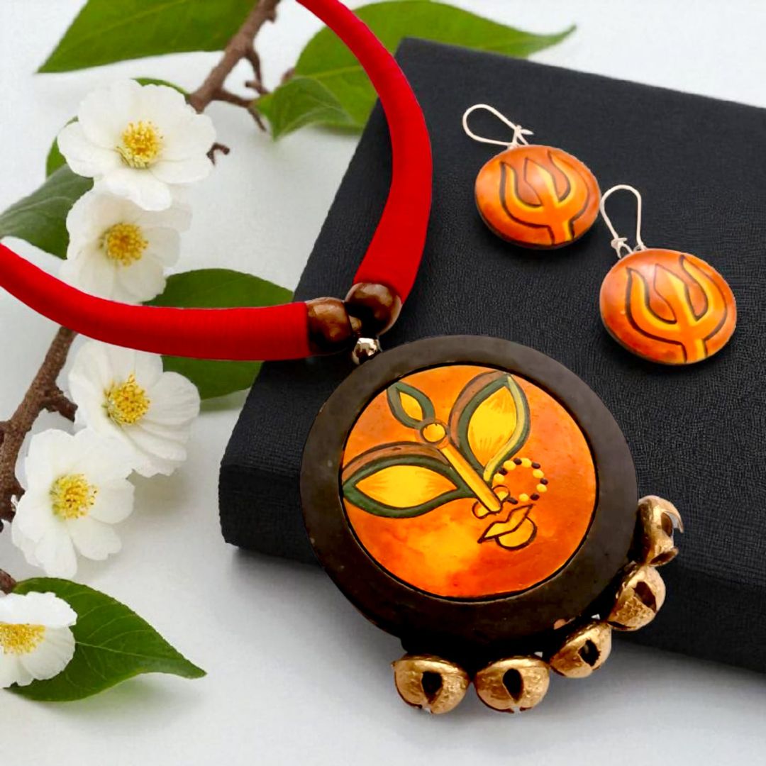 Aaradhya: Handcrafted Divine Durga Pendant Teracotta Necklace and Earring Set