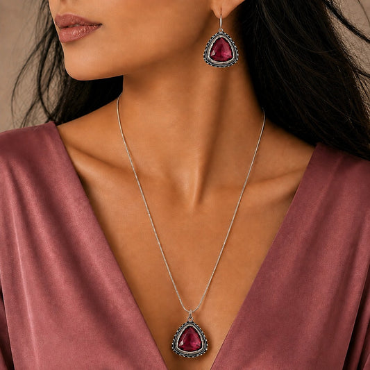 Shades & Stories: Magic Magenta Silver Toned Pendant and Earring Set