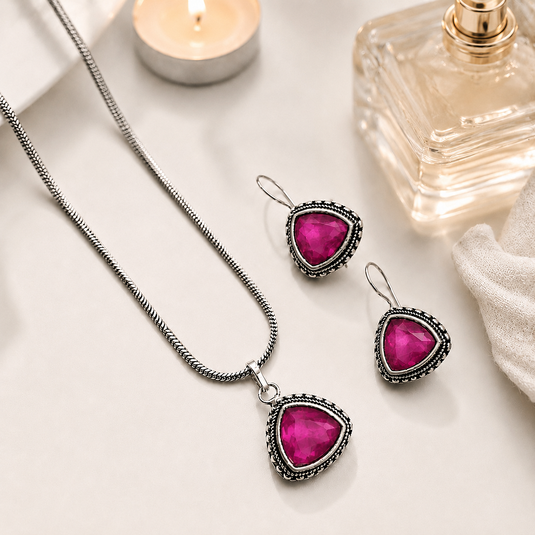 Shades & Stories: Magic Magenta Silver Toned Pendant and Earring Set