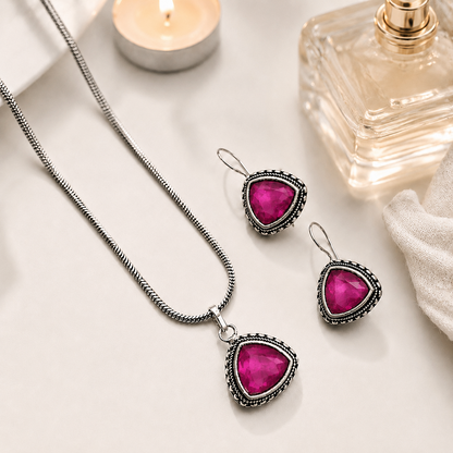 Shades & Stories: Magic Magenta Silver Toned Pendant and Earring Set