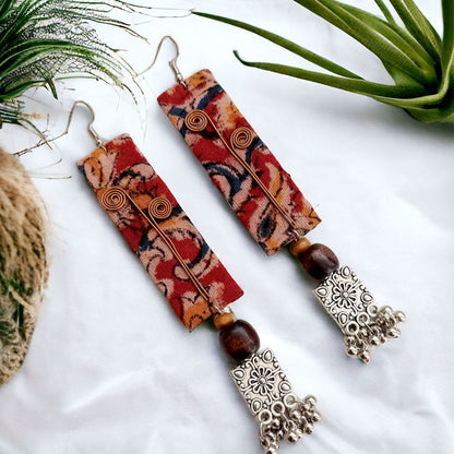 Natural dye Kalamkari Fabric Earring With Beads and Oxidized Motifs