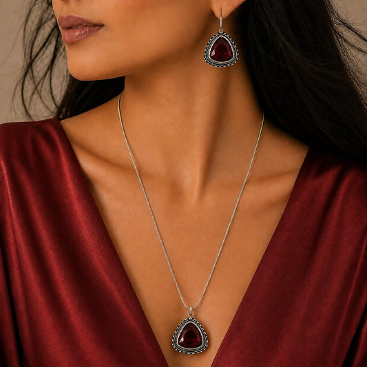 Shades & Stories:  Ravishing Red Silver Toned Pendant and Earring Set