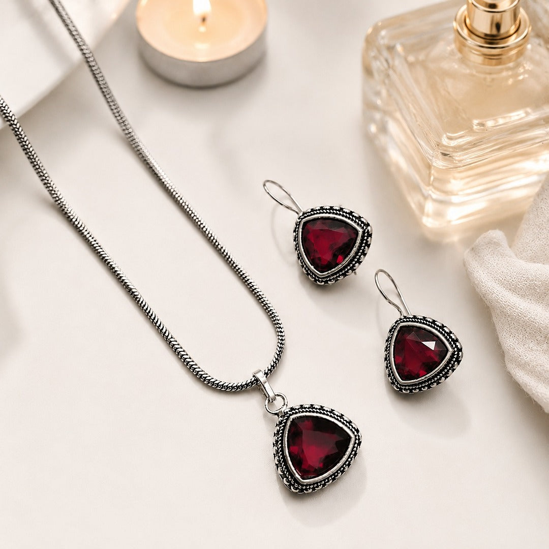 Shades & Stories:  Ravishing Red Silver Toned Pendant and Earring Set
