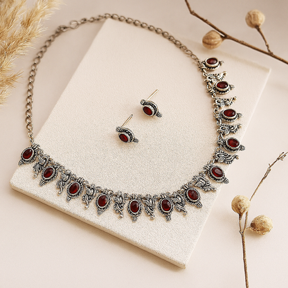 Tinge Tales: Maroon Stone Ethnic Necklace and Earring Set