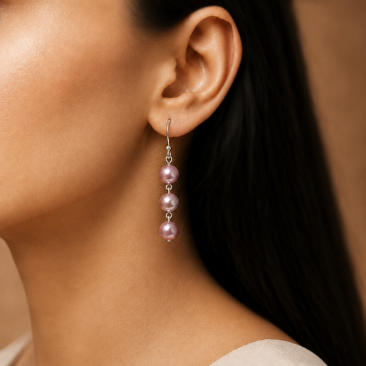 Mystic Mauve : Handmade Triple Pearl Drop Earring