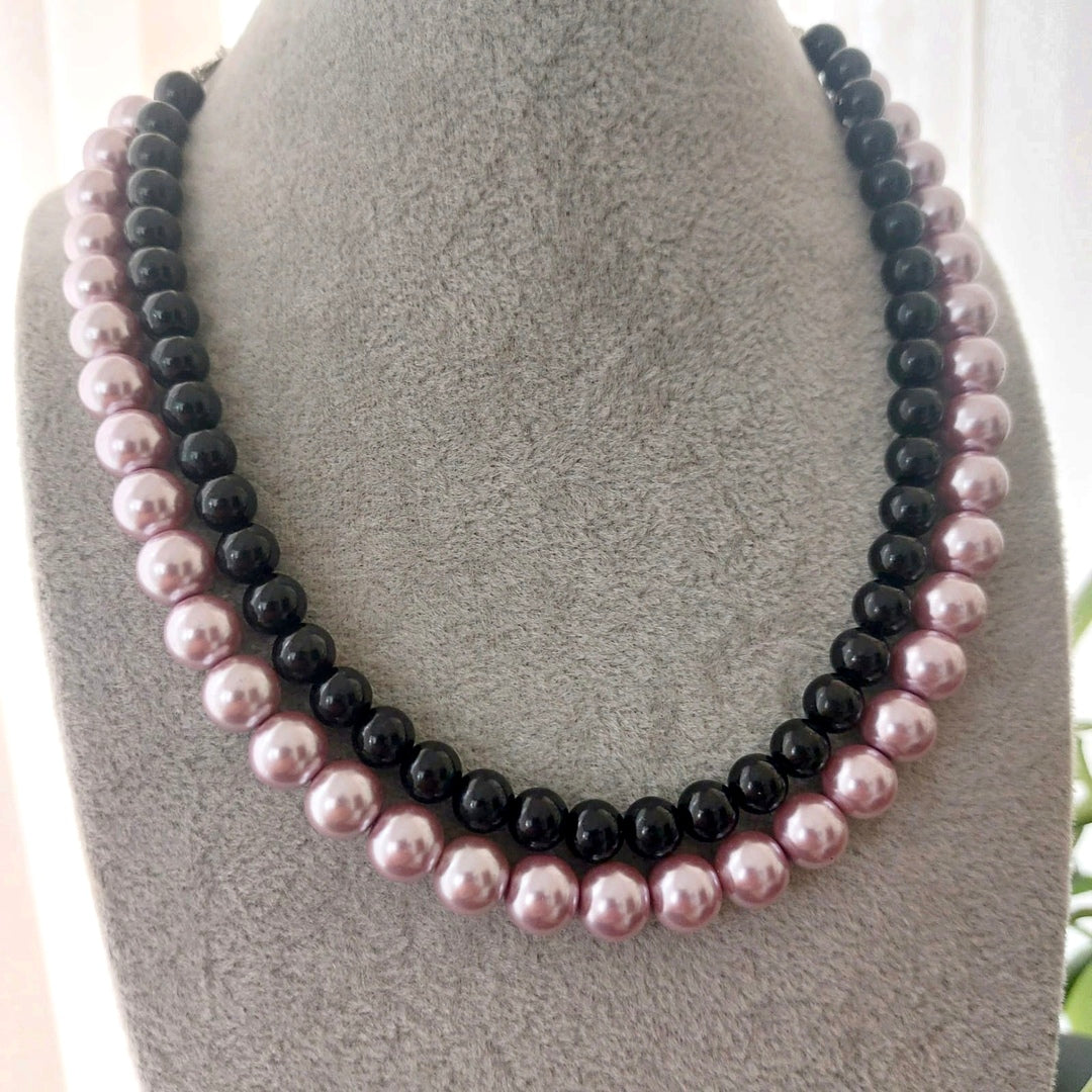 Mauve & Black : Double Layered Pearl Necklace Set