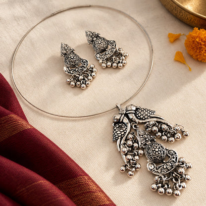 Mayura: Silver Toned Hasli Set With Pendant and Earring Set
