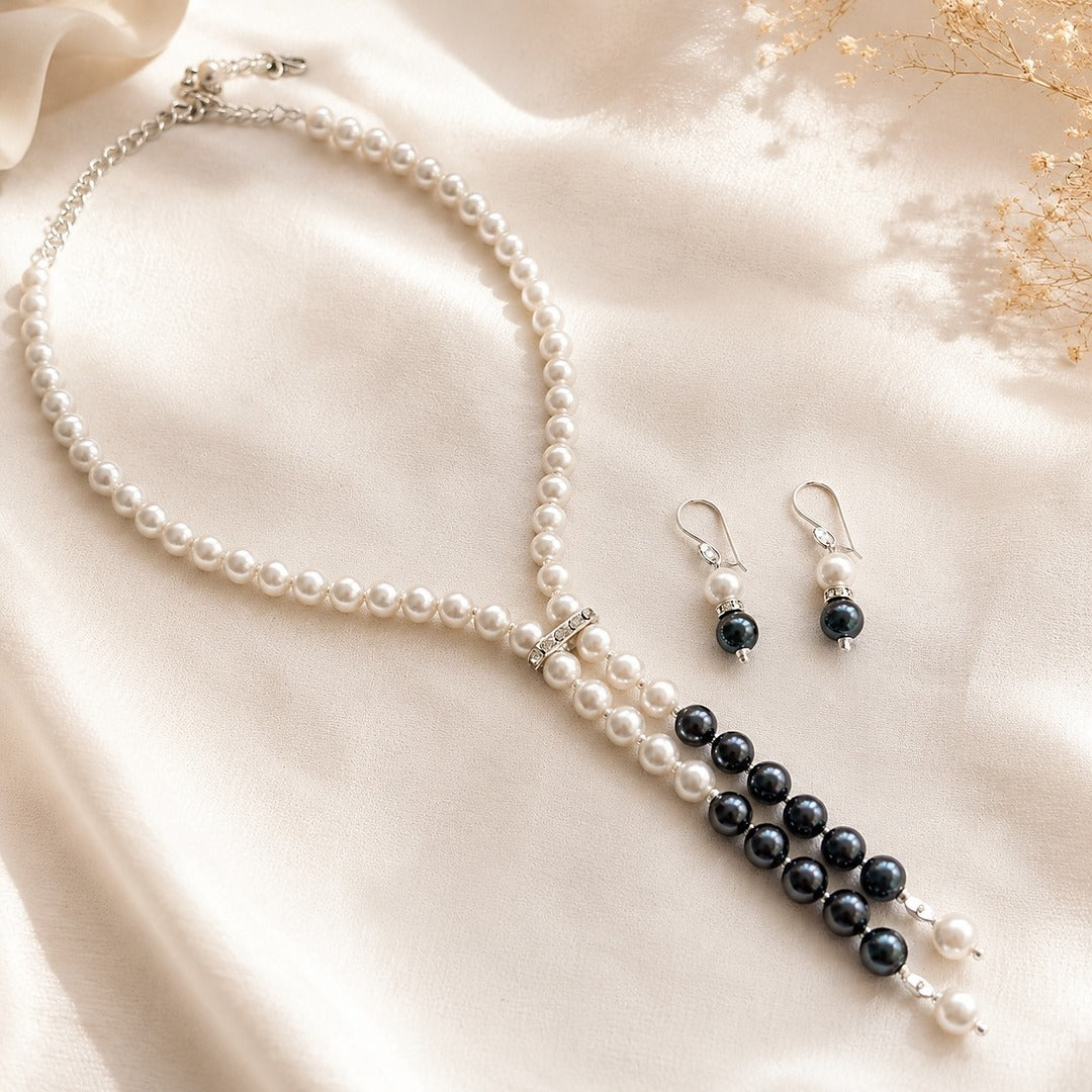 Monochrome Muse: Handcrafted Statement Pearl Necklace and Earring Set