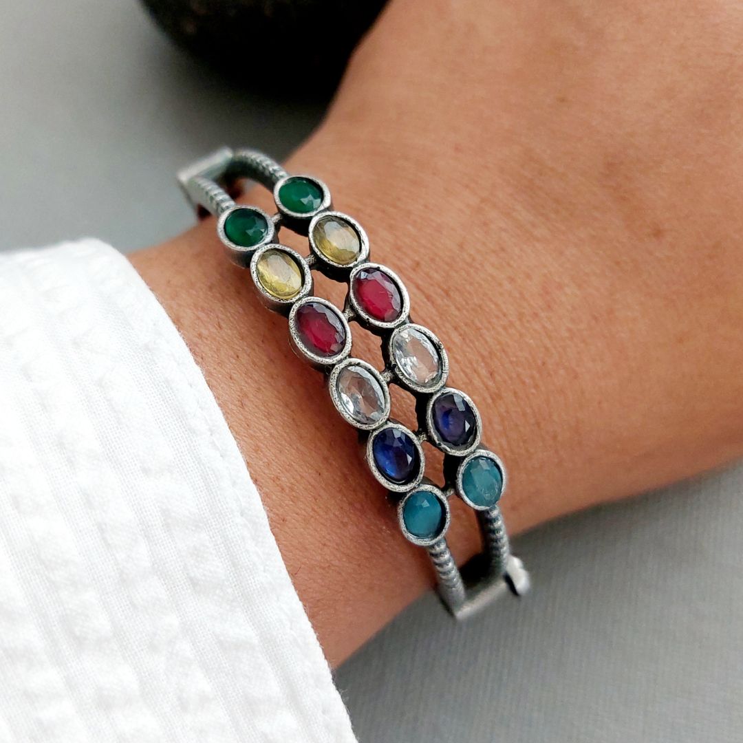 Multi-Colored Chandelier : Silver Toned Bangle with Screw.