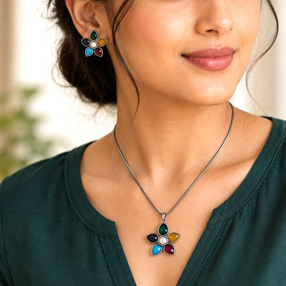 Flora Royale: Multicolored Stone Pendant and Earring Set