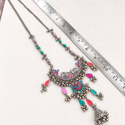 Lehariya: Multicolored oxidized Enamel work Necklace and Earring Set