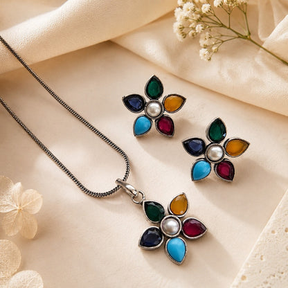 Flora Royale: Multicolored Stone Pendant and Earring Set