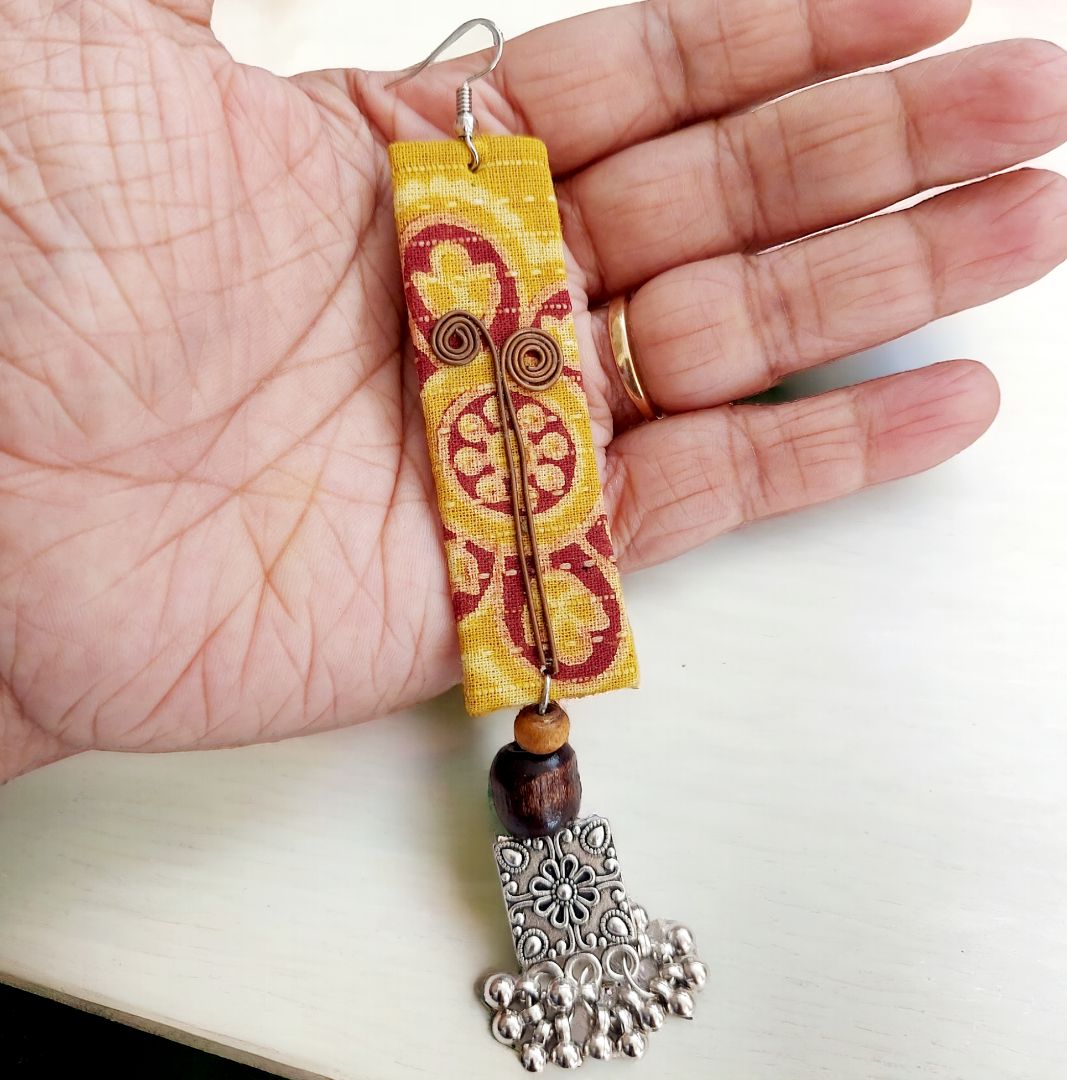 Exquisite Mustard Fabric Earrings with Beads and Oxidized Motifs