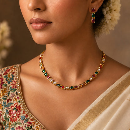 Navratna Royale: Gold Toned Multicolored Necklace and Earring Set