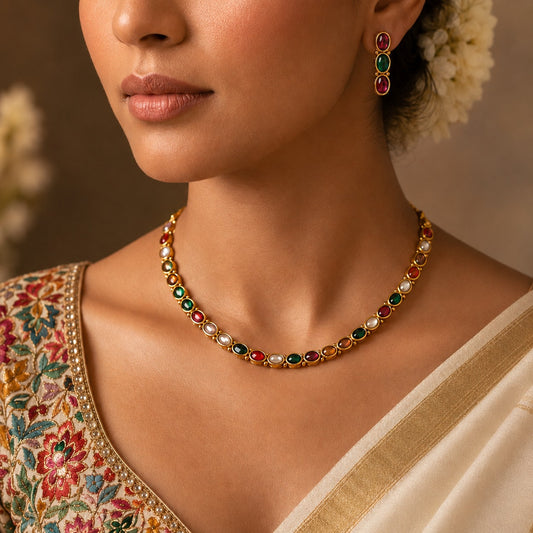 Navratna Royale: Gold Toned Multicolored Necklace and Earring Set