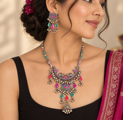 Lehariya: Multicolored oxidized Enamel work Necklace and Earring Set
