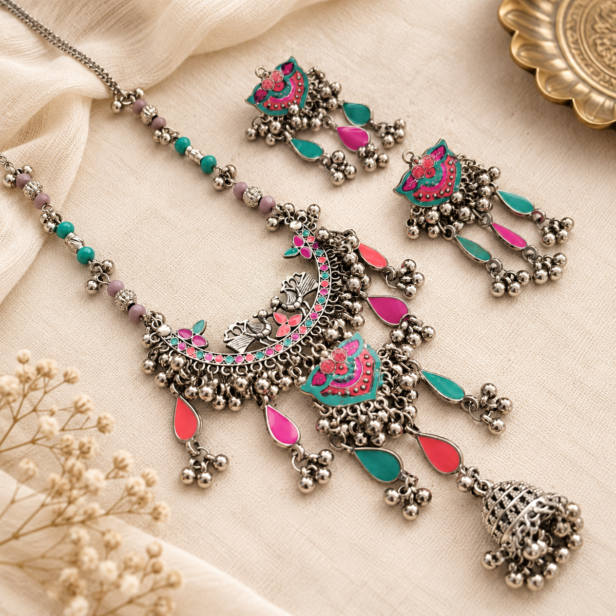 Lehariya: Multicolored oxidized Enamel work Necklace and Earring Set