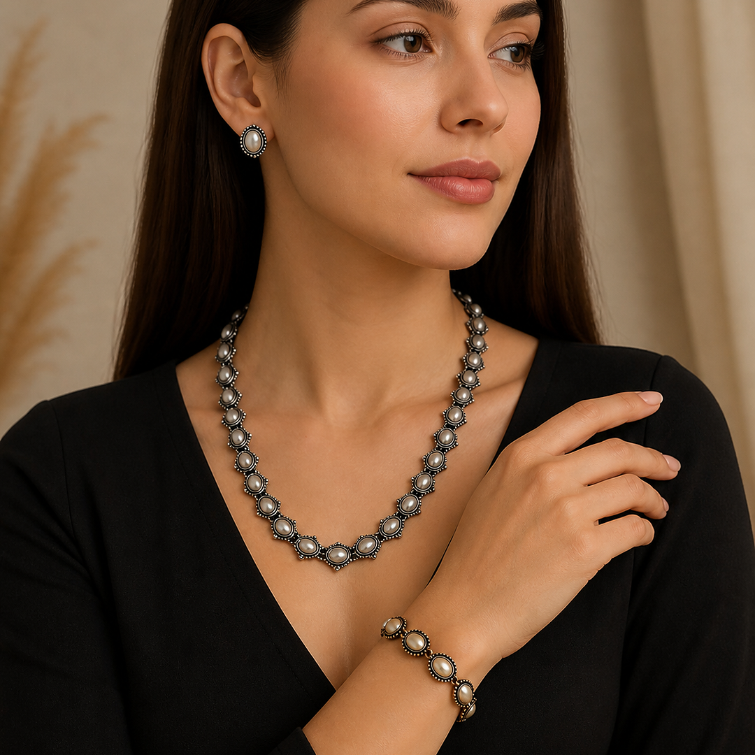 Classic Noor Pearl Bestseller: Noor Necklace and Earring Set with Classic Pearl Bracelet