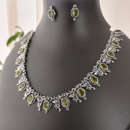 Tinge Tales: Olive Green Stone Ethnic Necklace and Earring Set