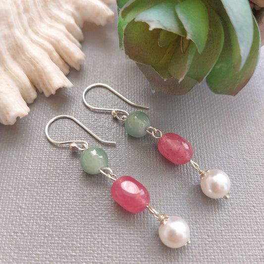 Harmony Hues: Green glass beads, Shell Pearl, Pink jade dull Earring