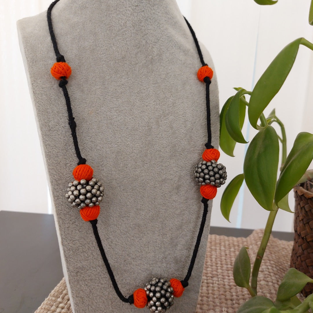 Tangerine Glow: Orange Thread Bead and Silver Toned Beaded Necklace