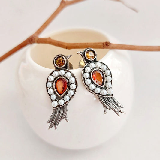 Chirping Beauty- Orange Stone and Pearl Bird Earring