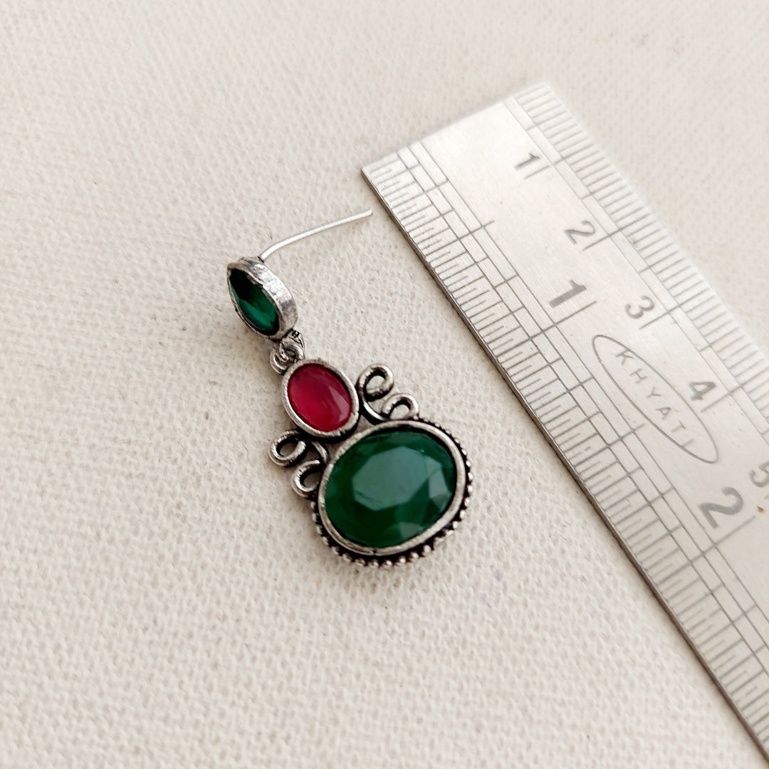 Emerald Rose Glow: Oxidized Green and Pink Stone Earrings