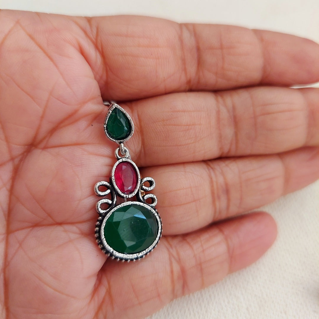 Emerald Rose Glow: Oxidized Green and Pink Stone Earrings