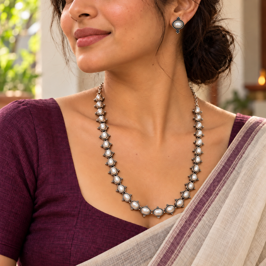 Noor: Statement Silver Toned Pearl Necklace and Earring Set