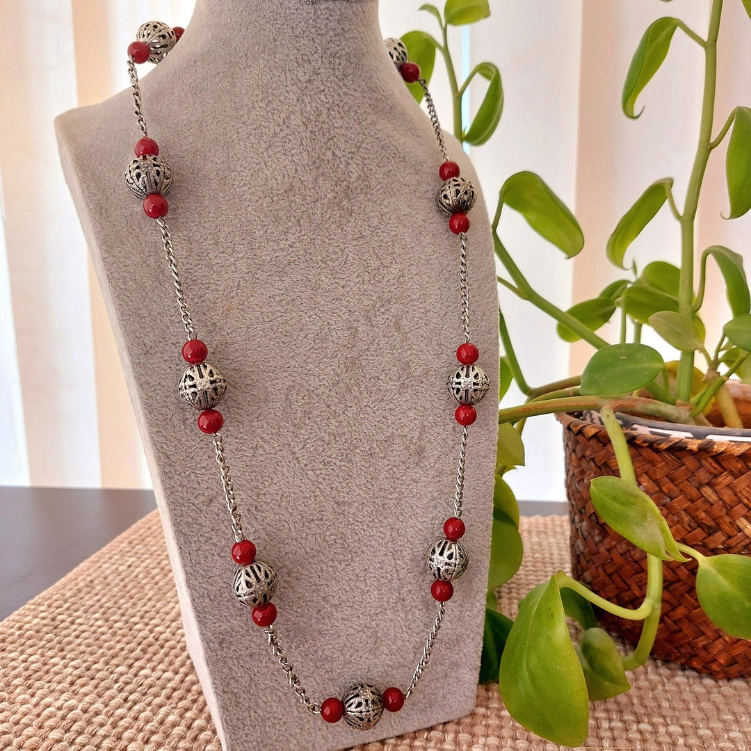 Rustic Elegance: Maroon and Silver toned Beads Necklace
