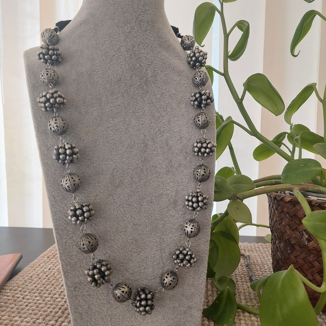 Bohemian Elegance: Silver Toned Beaded Long Necklace with Tie-Back