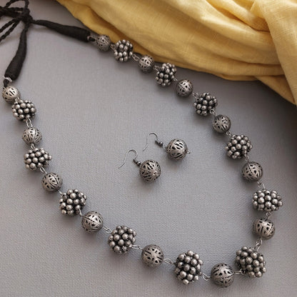 Bohemian Elegance: Silver Toned Beaded Long Necklace with Tie-Back