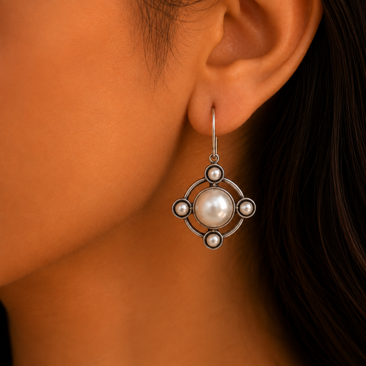 Pearl Orbit : Silver Toned Pearl Hoop Earring