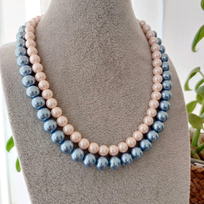 Pastel Pink & Blue : Double Layered Pearl Necklace Set