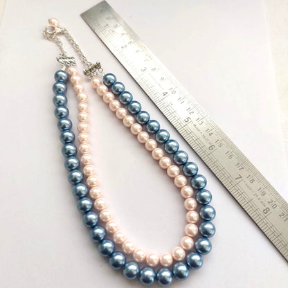 Pastel Pink & Blue : Double Layered Pearl Necklace Set