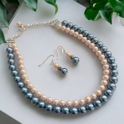 Pastel Pink & Blue : Double Layered Pearl Necklace Set